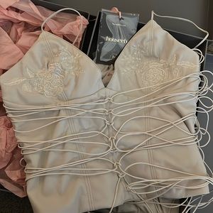house of cb ANTONELLA off white vegan corset + KAIRA off white draped midi skirt